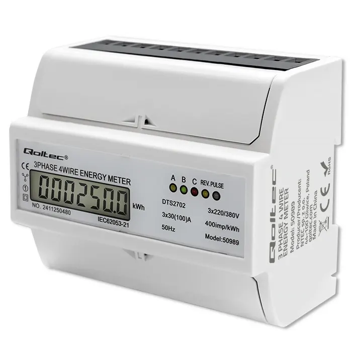 Qoltec Trójfazowy dwukierunkowy elektroniczny licznik | miernik zużycia energii na szynę DIN | 400V | 100A | LCD | 4P