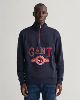 Gant Bluza Męska Z Nadrukiem Z Zamkiem Do Połowy Relaxed Fit Granatowa