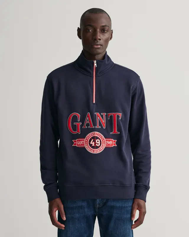 Gant Bluza Męska Z Nadrukiem Z Zamkiem Do Połowy Relaxed Fit Granatowa