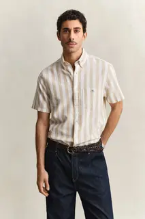Gant Koszula Męska W Paski Z Krótkim Rękawem Regular Fit Beżowa