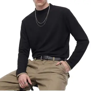 Warm Fluffy Mock Neck T‑shirt Fresh Release Relaxed Plain Undershirt Long Sleeve Business Commute Unisex Apparel For Daily