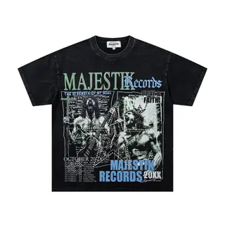 MAJESTIK Rock Band Embroidered Short-Sleeved T-Shirt with Washed-Out and Weathered Finish Heavyweight Beaded, Casual Round-neck
