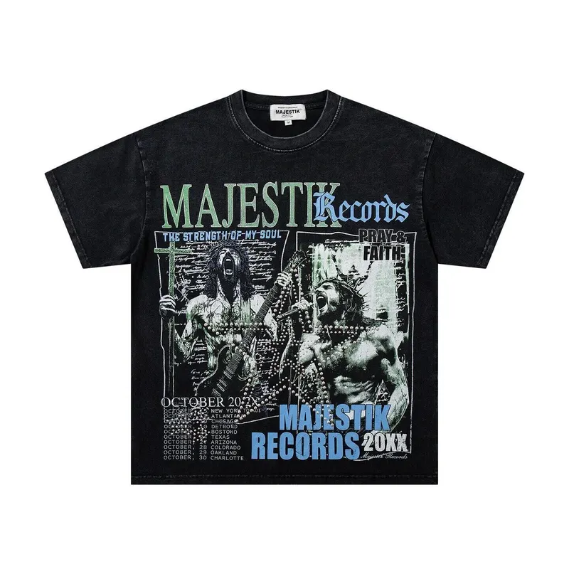 MAJESTIK Rock Band Embroidered Short-Sleeved T-Shirt with Washed-Out and Weathered Finish Heavyweight Beaded, Casual Round-neck