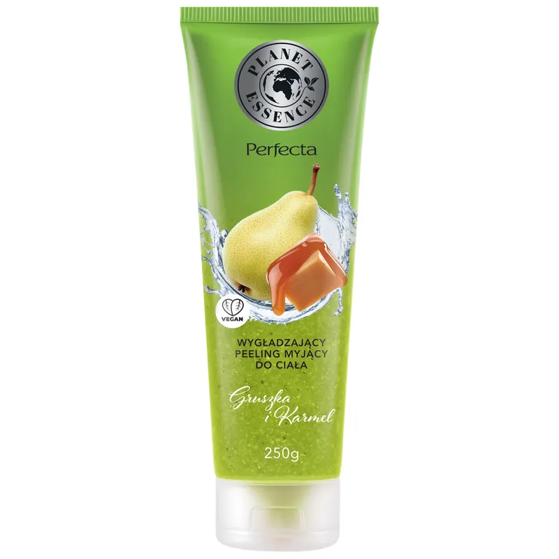 Perfecta Planet Essence wygładzający peeling myjący do ciała Gruszka i Karmel z naturalnymi drobinami wulkanicznymi, ekstraktem z gruszki i betainą 250 ml