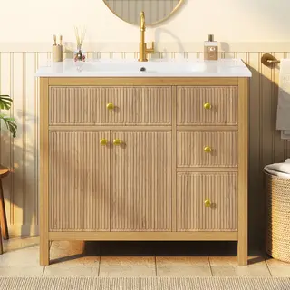 Szafka łazienkowa 91 cm z umywalką ceramiczną, pionowa tekstura z falistym wzorem na całej powierzchni, zawiasy z miękkim domykaniem, podwójne drzwi..