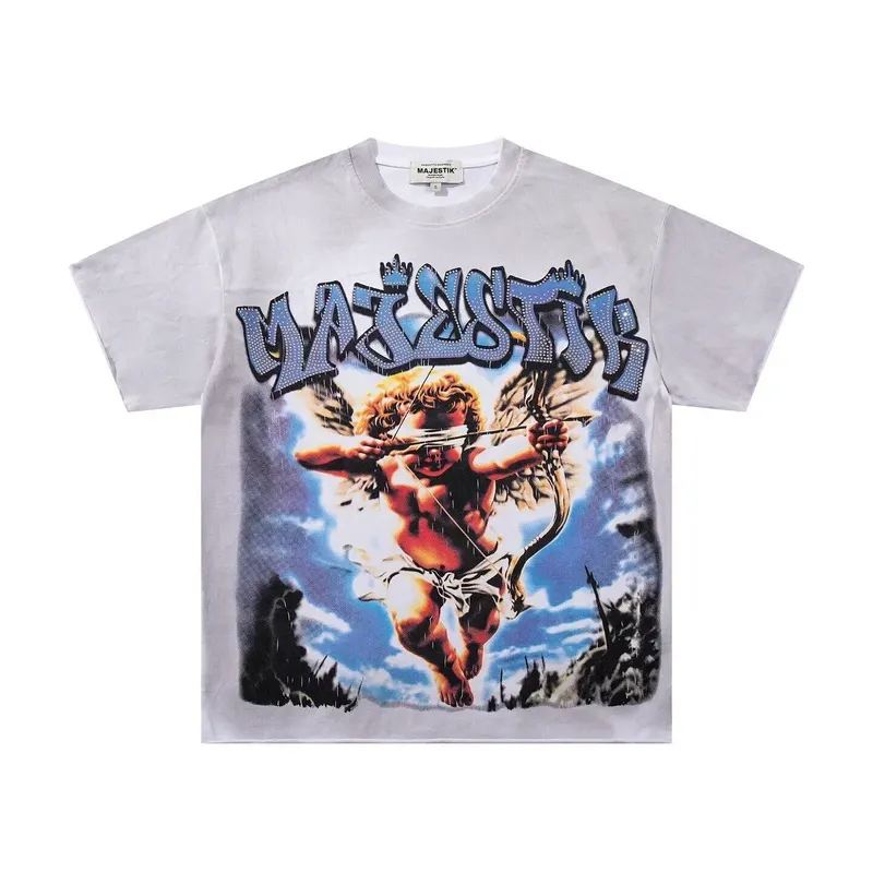 MAJESTIK American street style angel print rhinestone short-sleeved T-shirt for men and women loose-fitting rock top summer wear