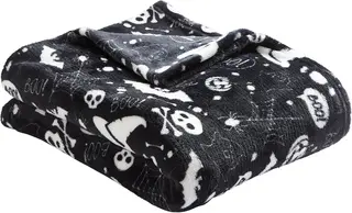 Czarny koc polarowy na Halloween 120 x 150 cm nietoperze dynie dwustronny