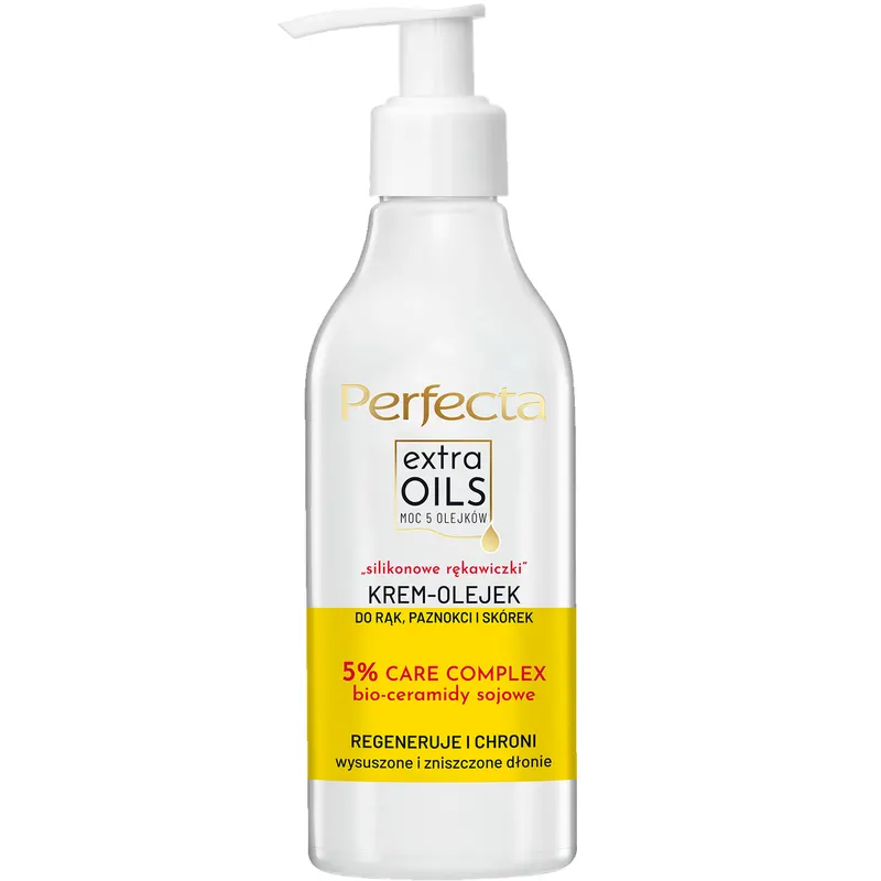 Perfecta Extra Oils krem-olejek do rąk, paznokci i skórek Silikonowe Rękawiczki z 5 olejami, kwasem hialuronowym i bio-ceramidami sojowymi 195 ml