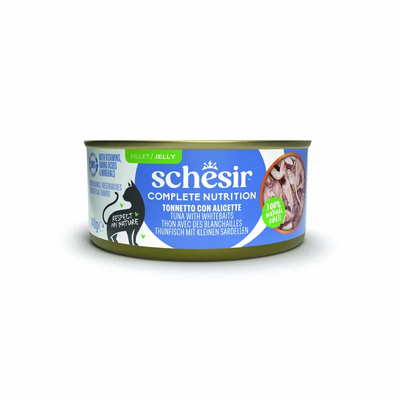 Schesir Complete Nutrition, filet w galarecie, 6 x 140 g w puszce - Tuńczyk z białorybem