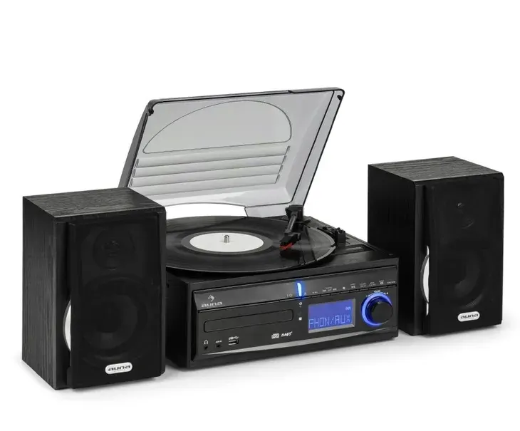 Wieża stereo, gramofon, CD, rekorder MP3, USB SD AUX-In FM, głośniki
