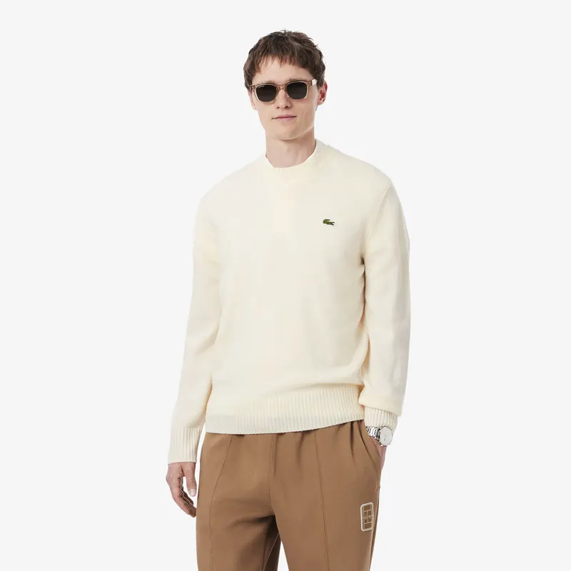 Lacoste Męski Wełniany Sweter Z Okrągłym Kolnierzykiem Ecru Biały