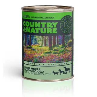COUNTRY&NATURE Jeleń z jabłkiem i kaszą kuskus Mono - mokra karma dla psa - 800g