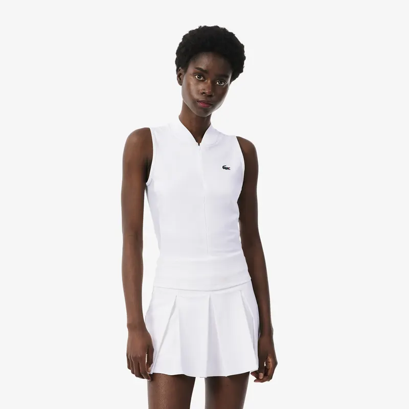 Lacoste Elastyczna Koszulka Polo Tenisowa Bez Z Dwóch Tkanin Rękawów Biała