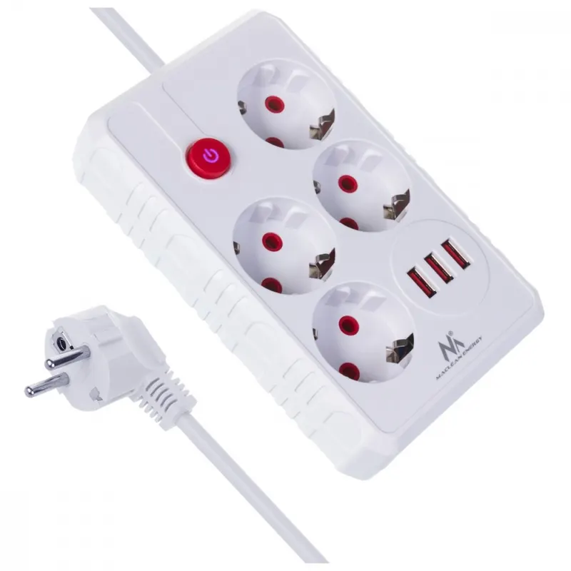 Maclean Listwa zasilająca MCE393 W 4 gniazdka, 3xUSB, 110-240V AC 50/60Hz. 2.1A max 2500W, 3m biała