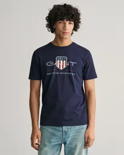 Gant Bawełniany T-Shirt Męski Z Nadrukiem Regular Fit Granatowy