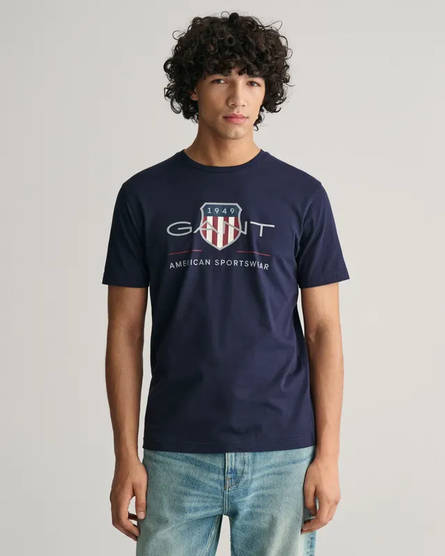 Gant Bawełniany T-Shirt Męski Z Nadrukiem Regular Fit Granatowy