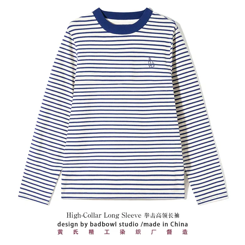 Small High Neck Long Sleeved Striped T-shirt for Men, Vintage Sea Spirit Shirt, Heavyweight All Cotton Boxing Embroidery T-shirt