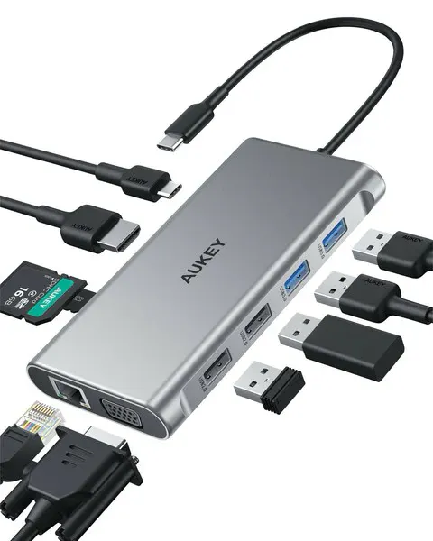 AUKEY CB-C89 aluminiowy Hub USB-C | 10w1 | RJ45 Ethernet 10/100/1000Mbps | 4xUSB | HDMI 4k@30Hz | SD i microSD | USB-C Power Delivery 100W