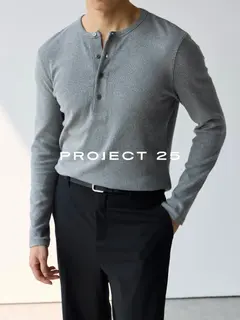 PROJECT 25 Men Ribbed Henley Neck Long Sleeve T‑Shirt Slim High Elastic Casual Commute Base Layer Tee Autumn Winter Tops