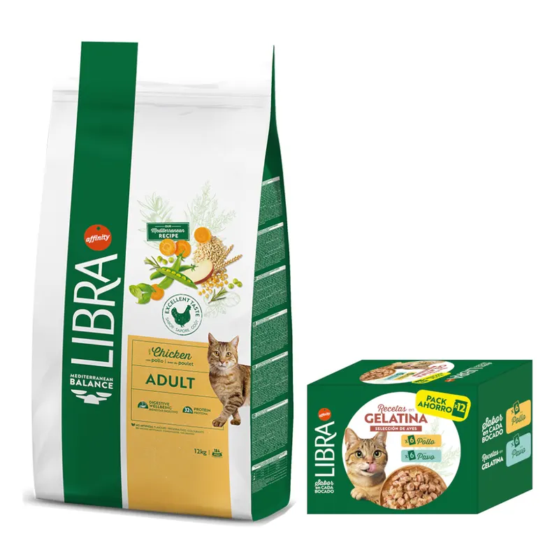 Libra Cat: karma sucha dla kota, 12 kg + karma mokra, 12 x 85 g gratis! - Adult, kurczak, 12 kg + Wybór drobiowy w galarecie, kurczak i indyk, 12 x 85 g