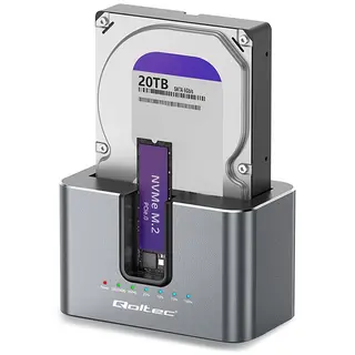 Qoltec Stacja dokująca 2w1 HDD SSD | SATA | M.2 NVMe | Klonowanie | USB-C | 10Gb/s | 28TB