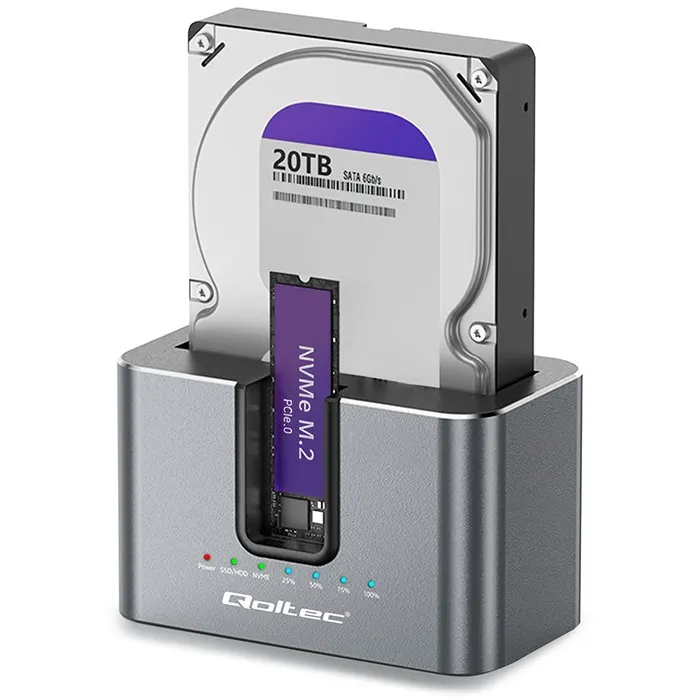Qoltec Stacja dokująca 2w1 HDD SSD | SATA | M.2 NVMe | Klonowanie | USB-C | 10Gb/s | 28TB