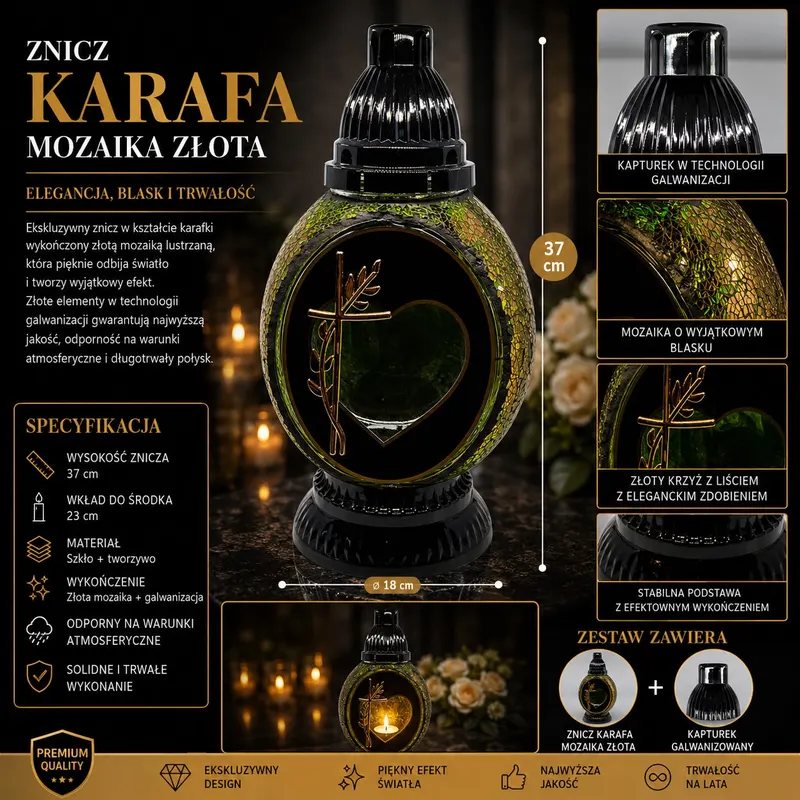 Znicz Premium z Zieloną Mozaiką i Sercem Galwanizowane