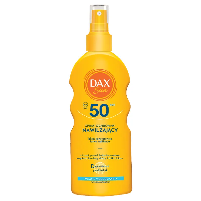 Dax Sun nawilżający wodoodporny spray do opalania SPF 50 z olejem i ekstraktem z bawełny, prebiotykiem, D-pantenolem i gliceryną 200 ml