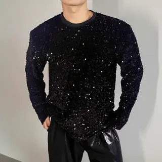 Autumn Winter Black Sequin Glitter Men Shirt Long Sleeve Shirts Casual Fashion Vintage Streetwear
