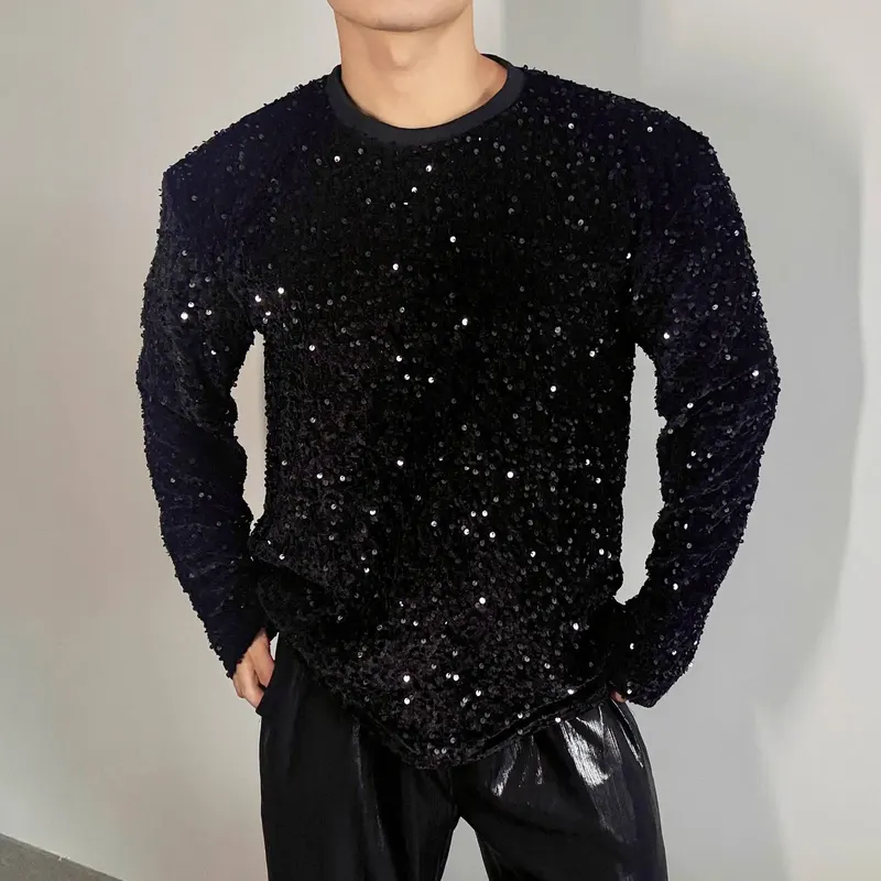 Autumn Winter Black Sequin Glitter Men Shirt Long Sleeve Shirts Casual Fashion Vintage Streetwear