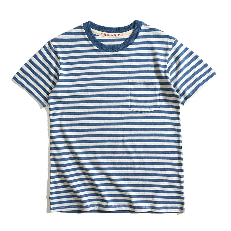 Japanese Retro Blue and White Striped Pure Cotton Men's Sailor Shirt Loose Short Sleeved Base T-shirt