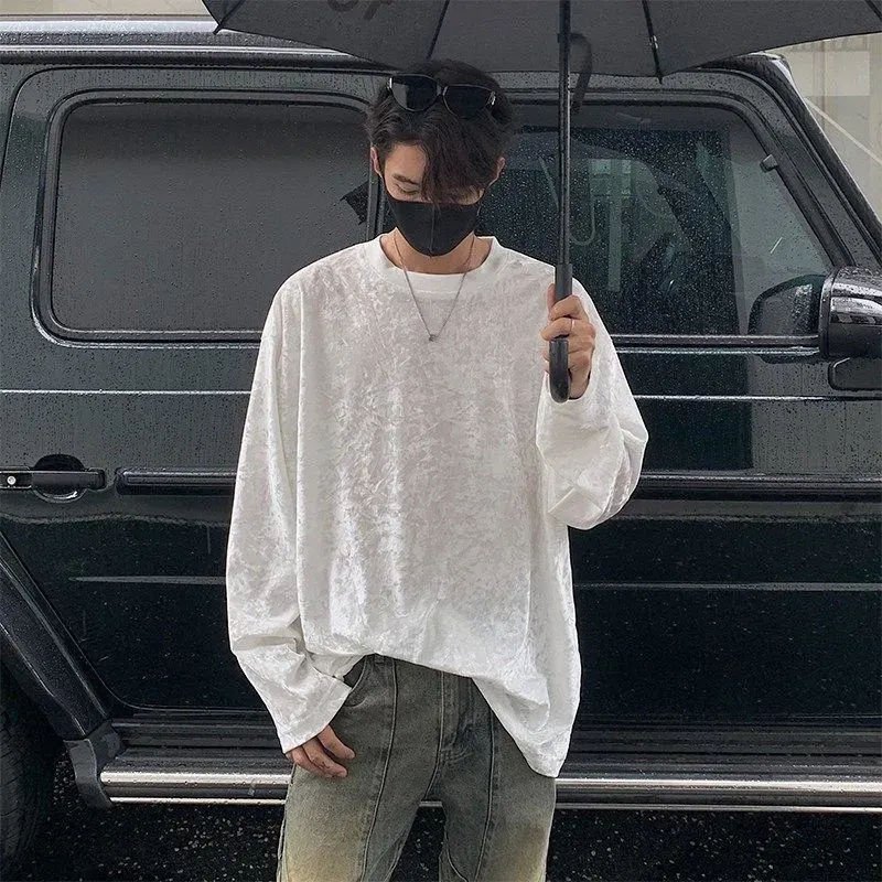 Men's Long Sleeve Solid Color Crushed Velvet T Shirt Casual Round Neck Top Soft Comfortable Daily Wear