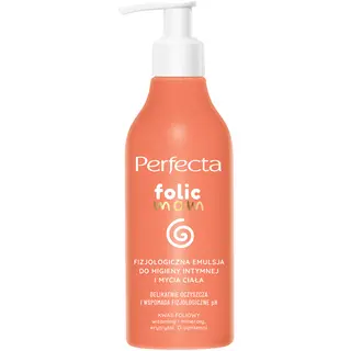 Perfecta Folic Mom fizjologiczna emulsja do higieny intymnej i mycia ciała dla kobiet w ciąży z kwasem foliowym, erytrytolem, D-pantenolem, minerałami i witaminami C, E, F 200 ml