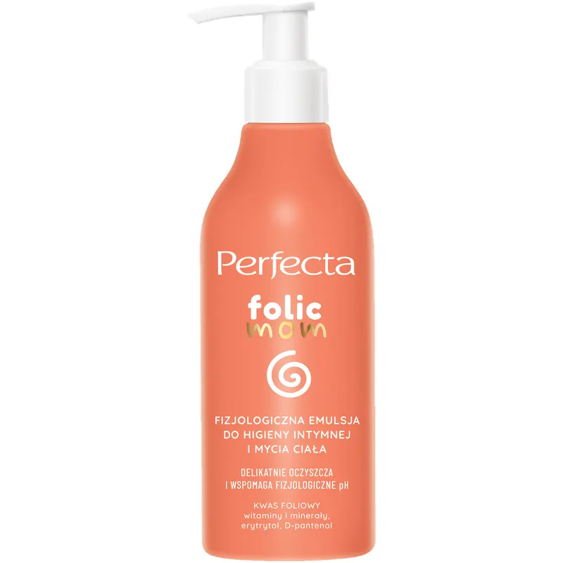 Perfecta Folic Mom fizjologiczna emulsja do higieny intymnej i mycia ciała dla kobiet w ciąży z kwasem foliowym, erytrytolem, D-pantenolem, minerałami i witaminami C, E, F 200 ml
