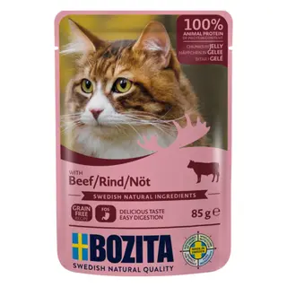 BOZITA Mięsne kawałki w galarecie z wołowiną – mokra karma dla kota – 85g