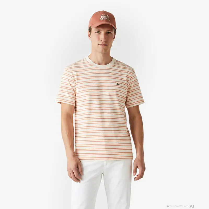 Lacoste Bawełniany T-Shirt W Paski Męskie Pomarańczowy