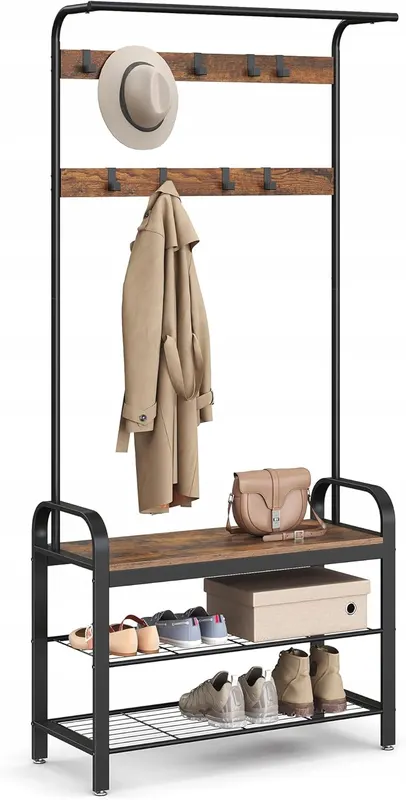 WIESZAK NA UBRANIA z ŁAWKĄ i REGAŁEM NA BUTY industrialny 183 cm