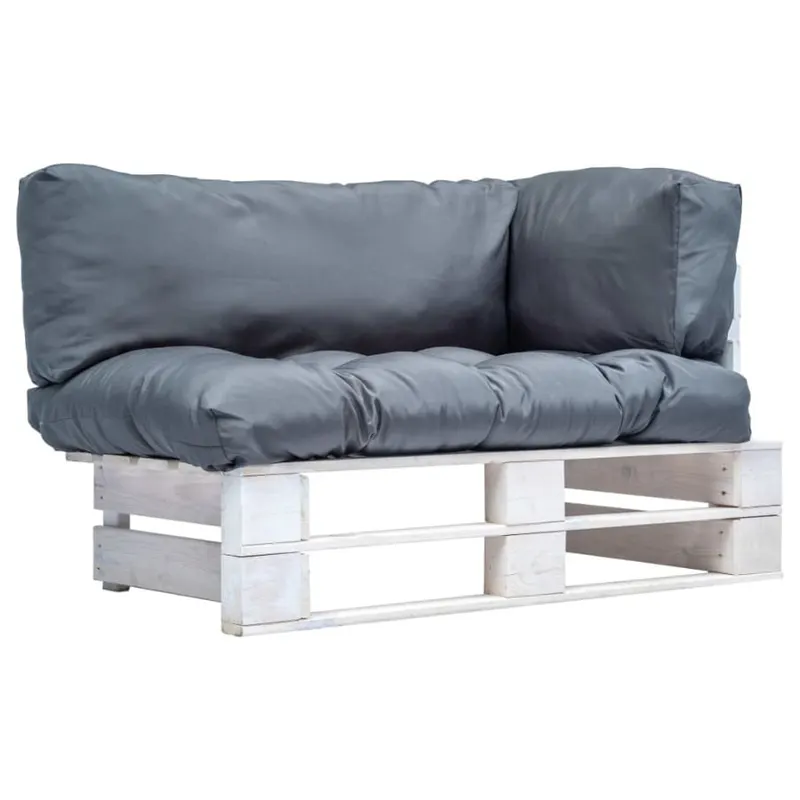 Sofa ogrodowa z palet z szarymi poduszkami, sosna