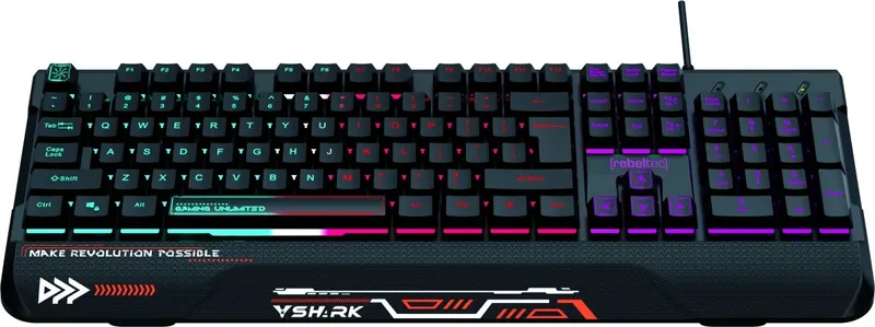 Rebeltec Klawiatura pełnowymiarowa RGB dla graczy SHARK wbudowana podkładka pod nadgarstki, wodoodporna konstrukcja