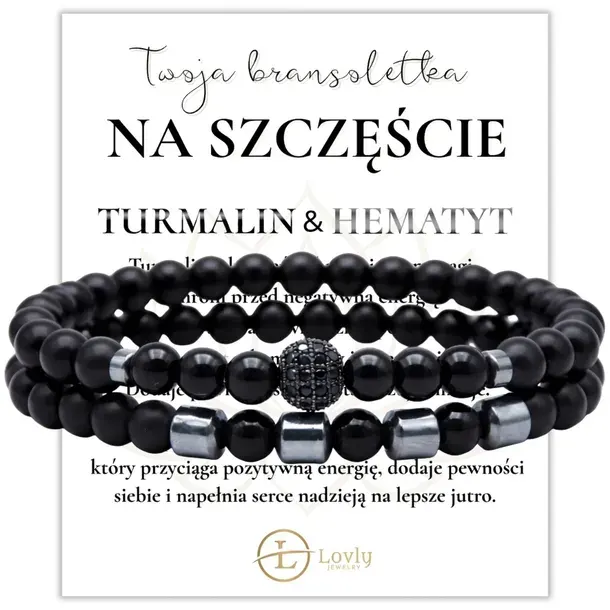 BRANSOLETKA ZESTAW 2 W 1 KAMIENIE NATURALNE TURMALIN HEMATYT PREZENT KARTKA