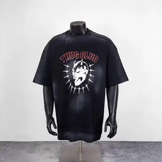 Thug Club Street Hip Hop Skull Demonstration Embroidered Dirty Vintage Loose Men's and Women's Short-Sleeved T-Shirt Trendy