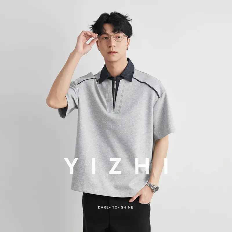 Men's Contrast Denim Lapel Spliced Fake Two-Piece Polo Shirt 2026 Summer Half Zip Loose Soft Breathable Short Sleeve