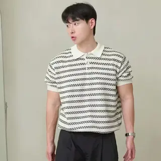 2025 Summer New Fashion Men's Striped Turn-down Collar Short Sleeve Casual Trendy Loose Hollowed Out T-shirts Male Vintage Tops