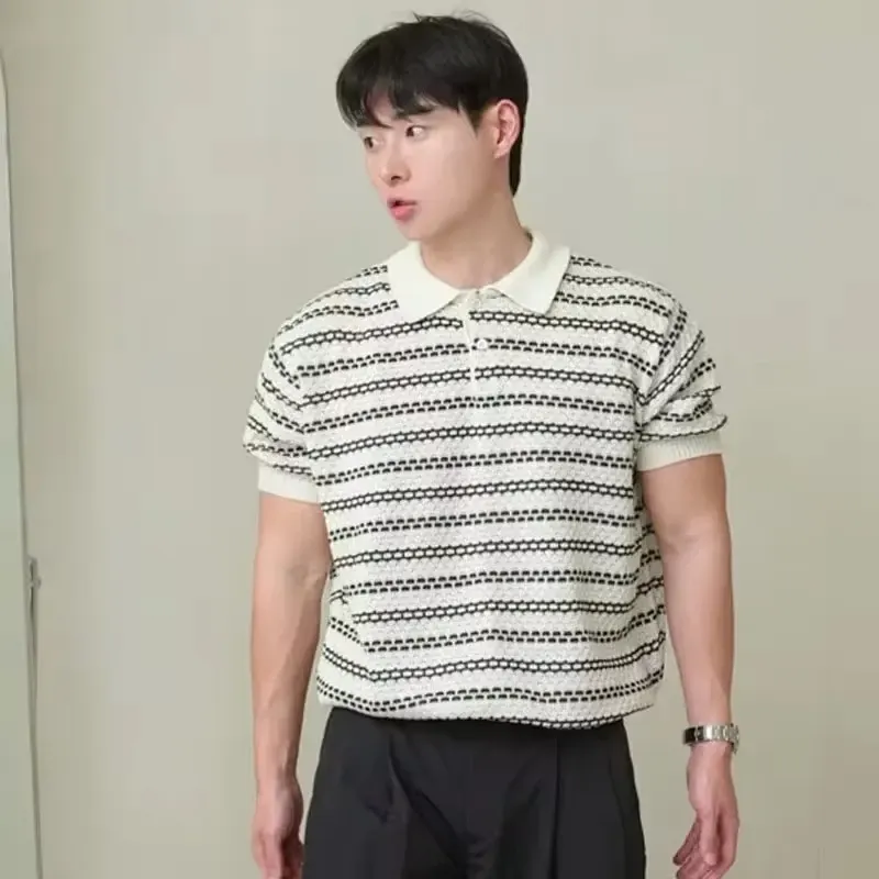 2025 Summer New Fashion Men's Striped Turn-down Collar Short Sleeve Casual Trendy Loose Hollowed Out T-shirts Male Vintage Tops