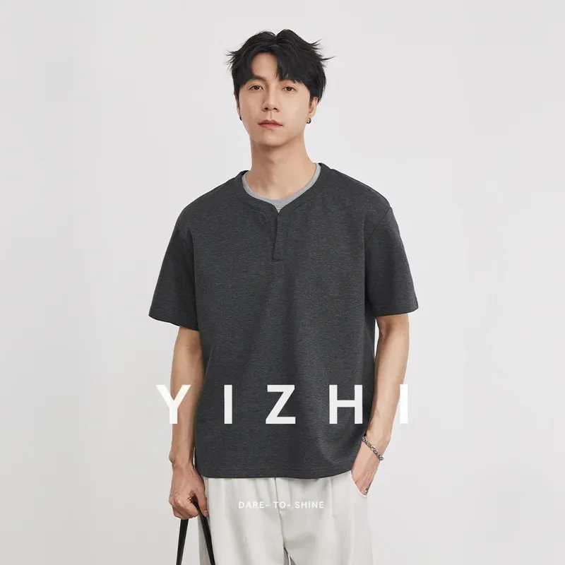 Men's 260g Heavyweight Fake Two-Piece Crew Neck Short Sleeve T-Shirt 2026 Summer Casual Drop Shoulder Henley Neck Versatile Tops