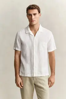 Gant Lniana Koszula Męska Z Krótkim Rękawem Regular Fit Beżowa