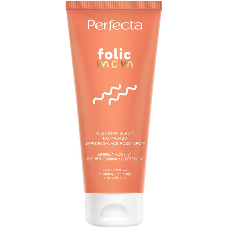 Perfecta Folic Mom olejkowe serum do masażu zapobiegające rozstępom dla kobiet w ciąży z kwasem foliowym, erytrytolem, CICA, darutozydem, minerałami i witaminami C, E, F 200 ml