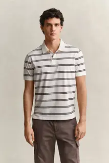 Gant Koszulka Polo Z Bawełny Pima Męska W Paski Regular Fit Kremowa