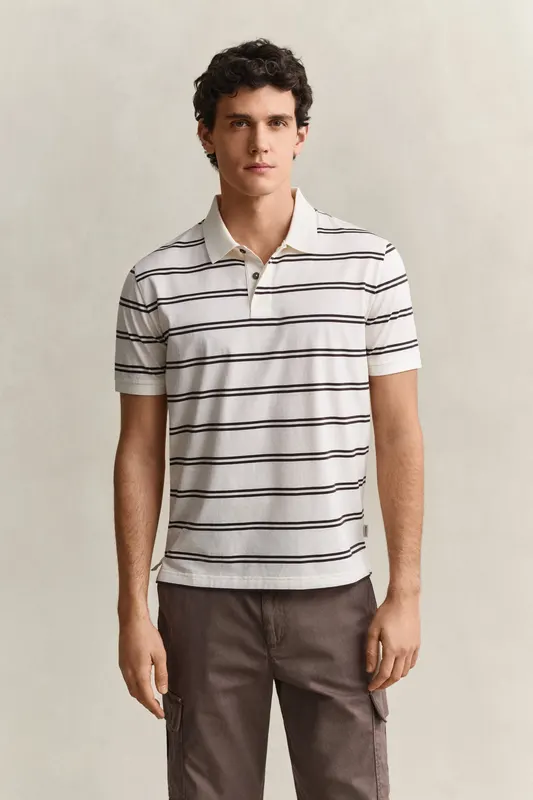 Gant Koszulka Polo Z Bawełny Pima Męska W Paski Regular Fit Kremowa