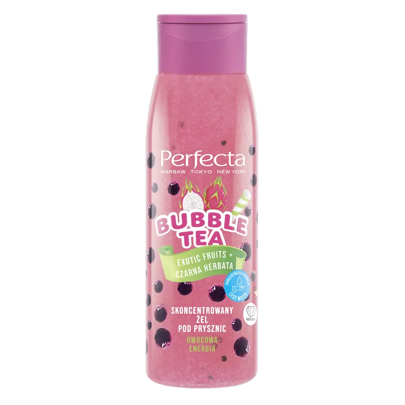 Perfecta Bubble Tea skoncentrowany żel pod prysznic Exotic Fruits z kombuchą, jagodami goji i hydrożelowymi kulkami 400 ml